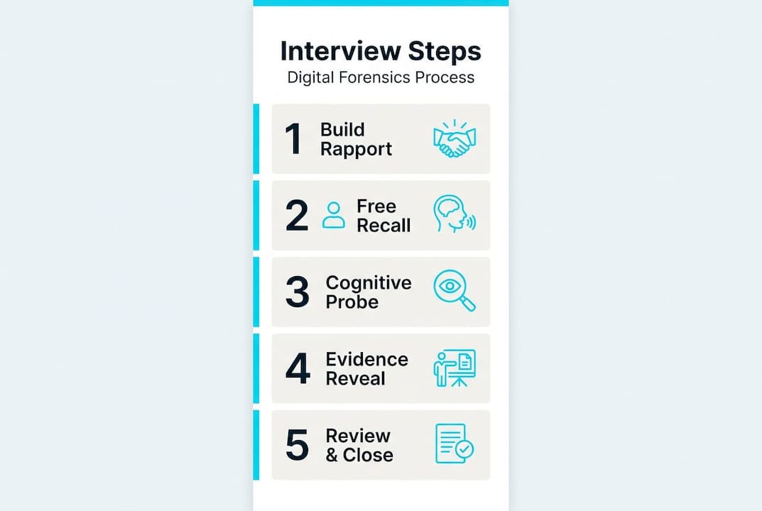 Master investigative interview tips for digital forensics 2 Infographic showing five steps in forensic interviews