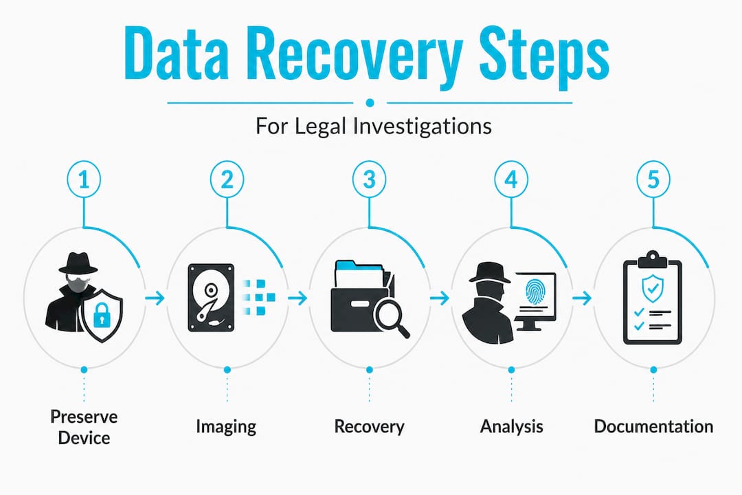 Recovering deleted data: expert guidance for legal cases 2 Infographic showing data recovery best practice steps