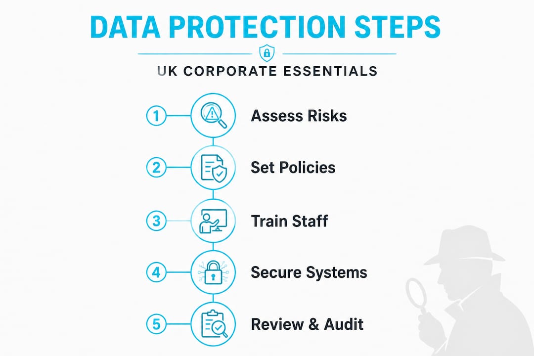 Practical corporate data protection tips for UK managers 1 Infographic illustrating UK data protection steps