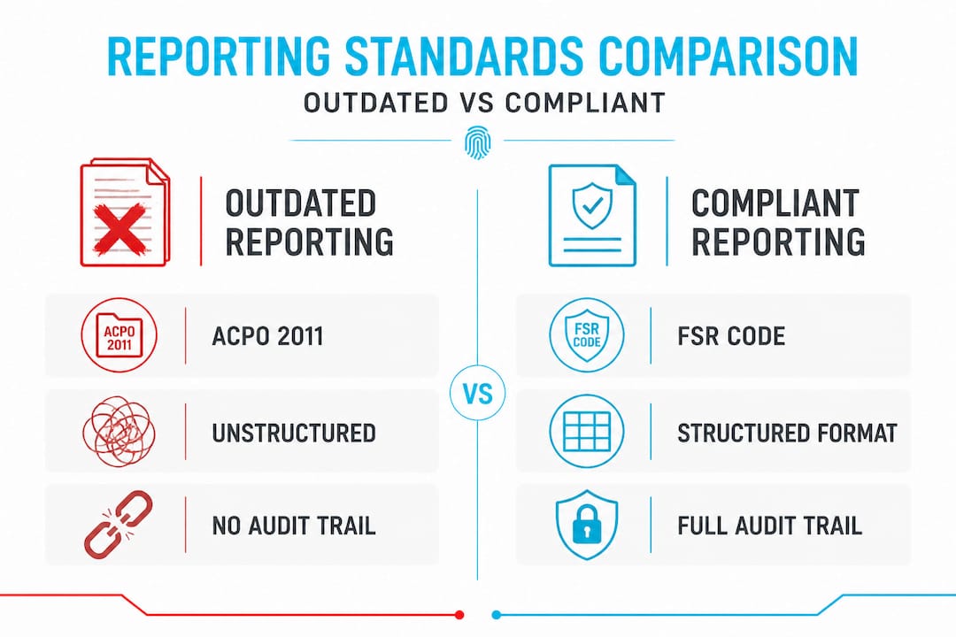 Your forensic reporting checklist: ensure compliance and clarity 2 Infographic comparing outdated vs compliant reporting standards