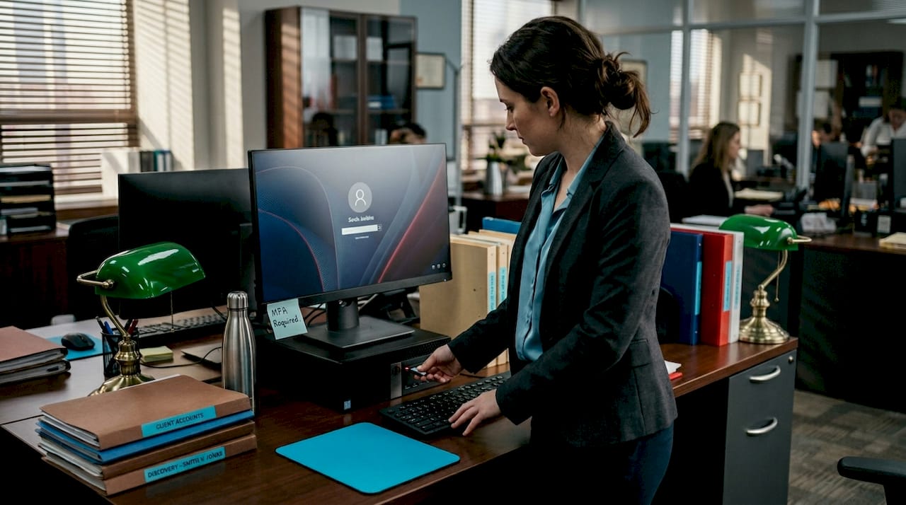 Cybersecurity guide for legal professionals: Protect client data 1 Paralegal uses security key at workstation