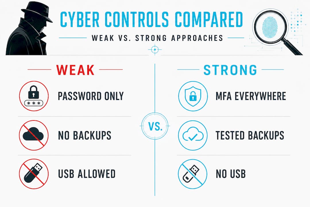 Cybersecurity guide for legal professionals: Protect client data 2 Infographic comparing weak and strong cybersecurity