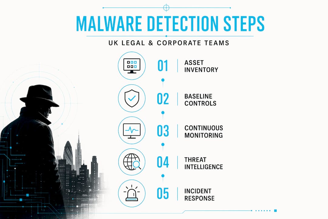 Malware detection strategies for UK legal and corporate teams 2 Infographic showing malware detection steps sequence