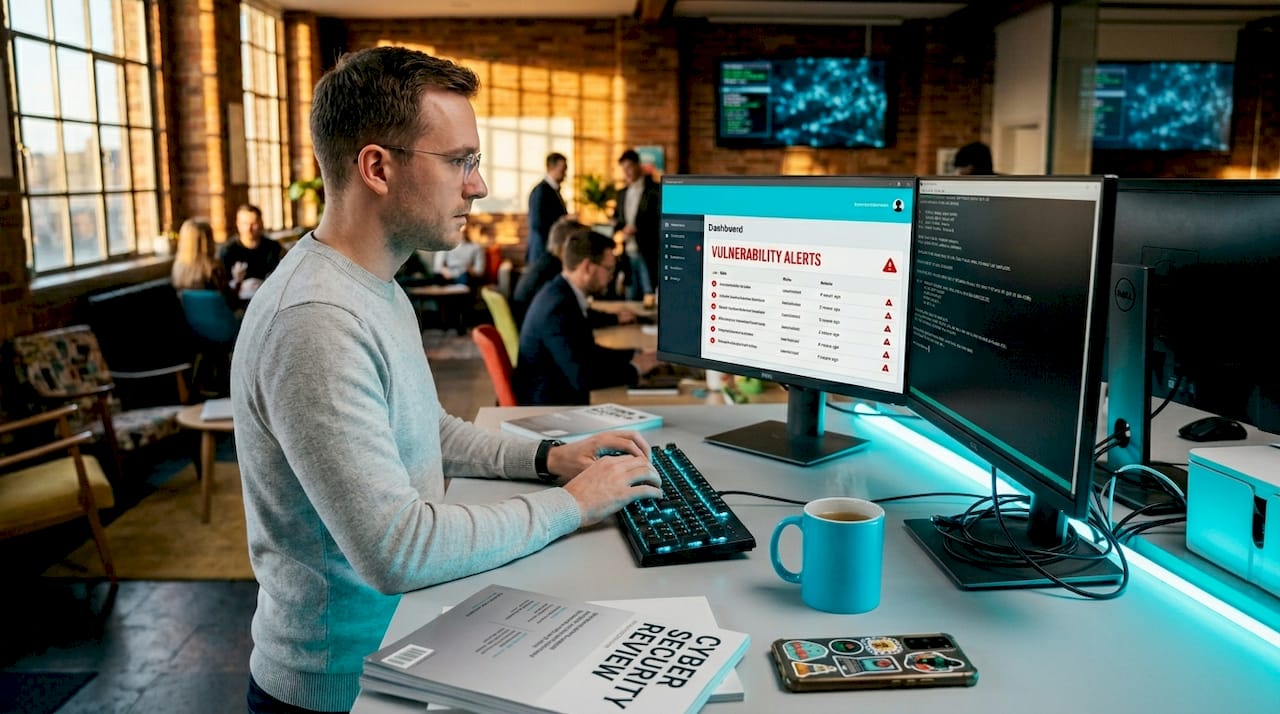 Penetration testing: a clear guide for UK legal teams 2 Penetration tester working at cluttered desk