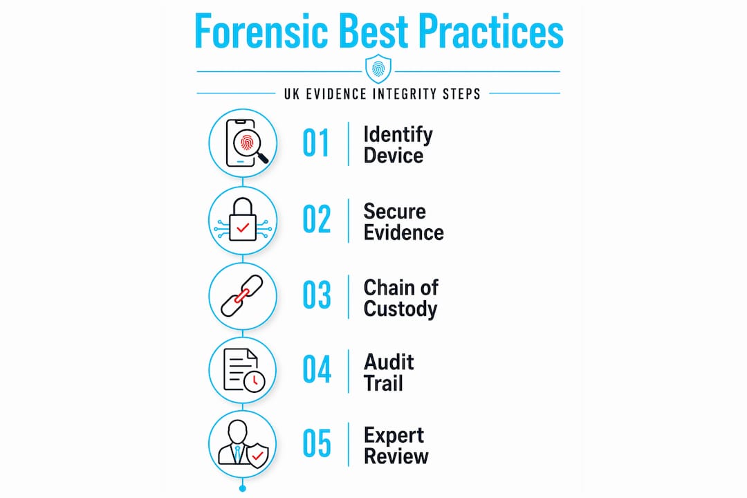 Why follow forensic best practices in UK investigations 1 Infographic showing forensic evidence workflow steps