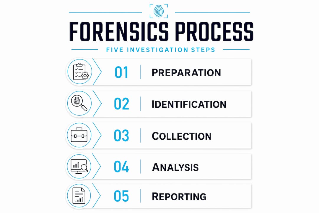 Digital forensics steps: a guide for investigators 1 Infographic showing digital forensics process stages