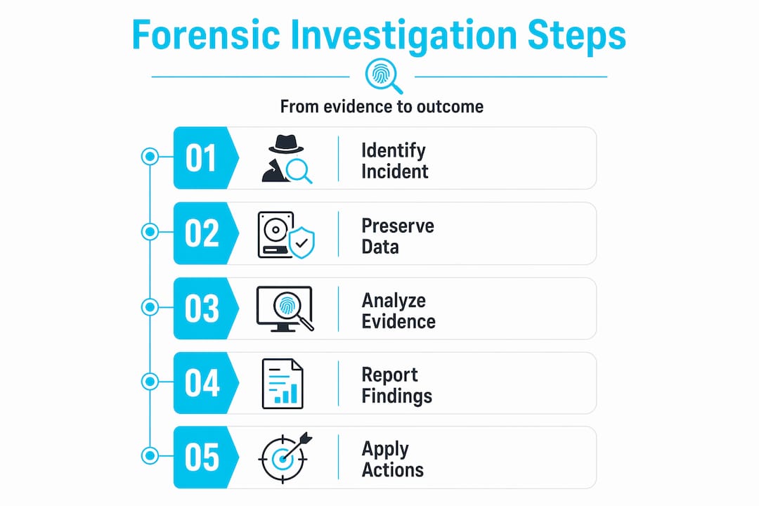 The role of forensics in employee misconduct 2 Infographic of forensic process steps in misconduct