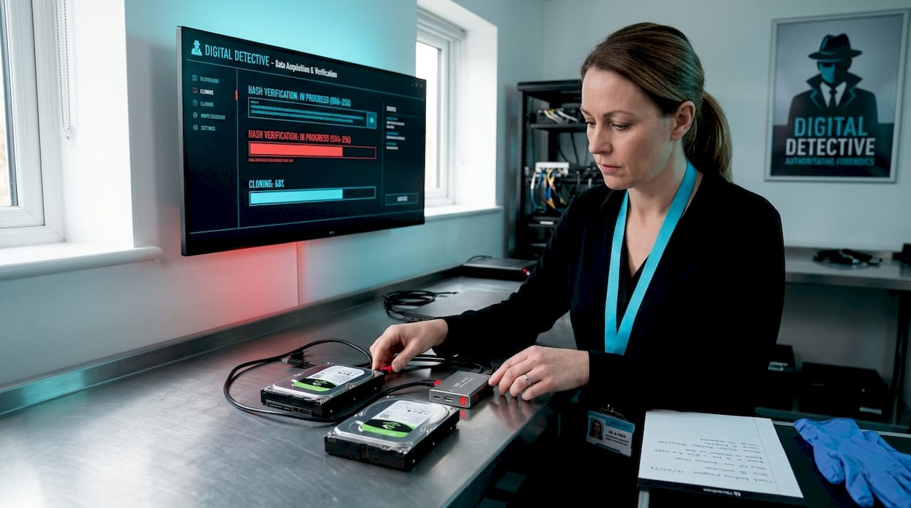 Data recovery techniques: a practical guide for 2026 1 Forensic analyst cloning hard drive in lab