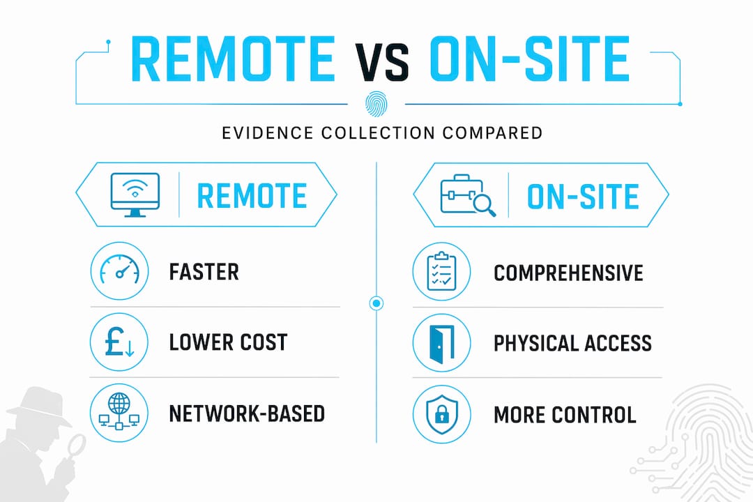 What is remote evidence collection explained 2 Comparison infographic for remote and on-site evidence collection