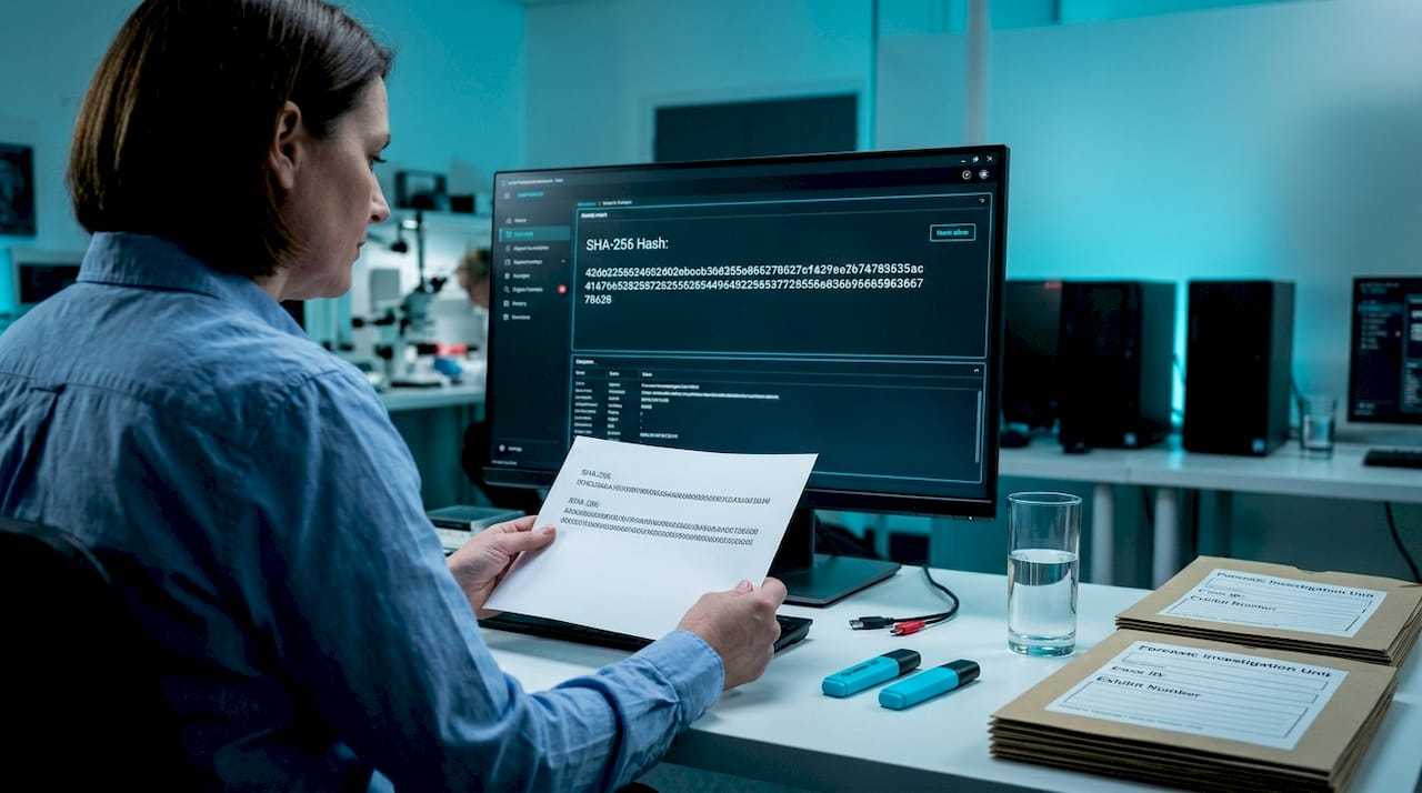 What is evidence acquisition in digital forensics? 1 IT employee verifying forensic hash values