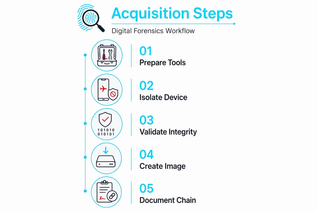 What is evidence acquisition in digital forensics? 2 Infographic shows evidence acquisition steps in workflow