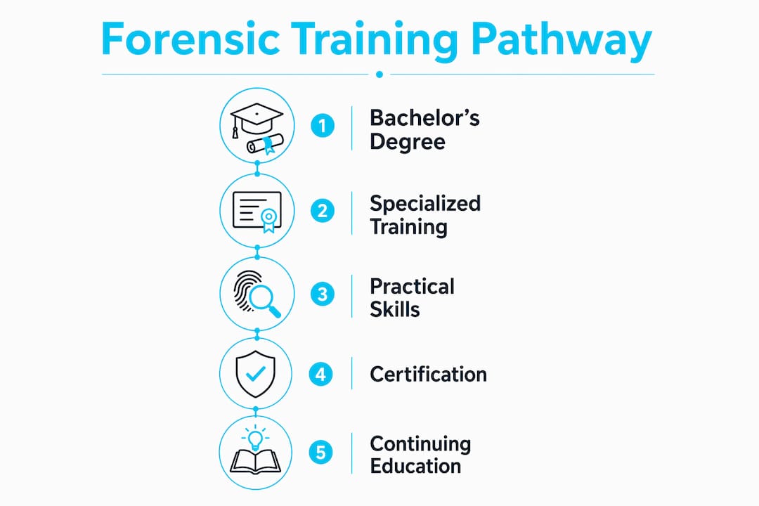 Forensic scientist training: your complete guide 1 Infographic showing forensic scientist training stages with key steps