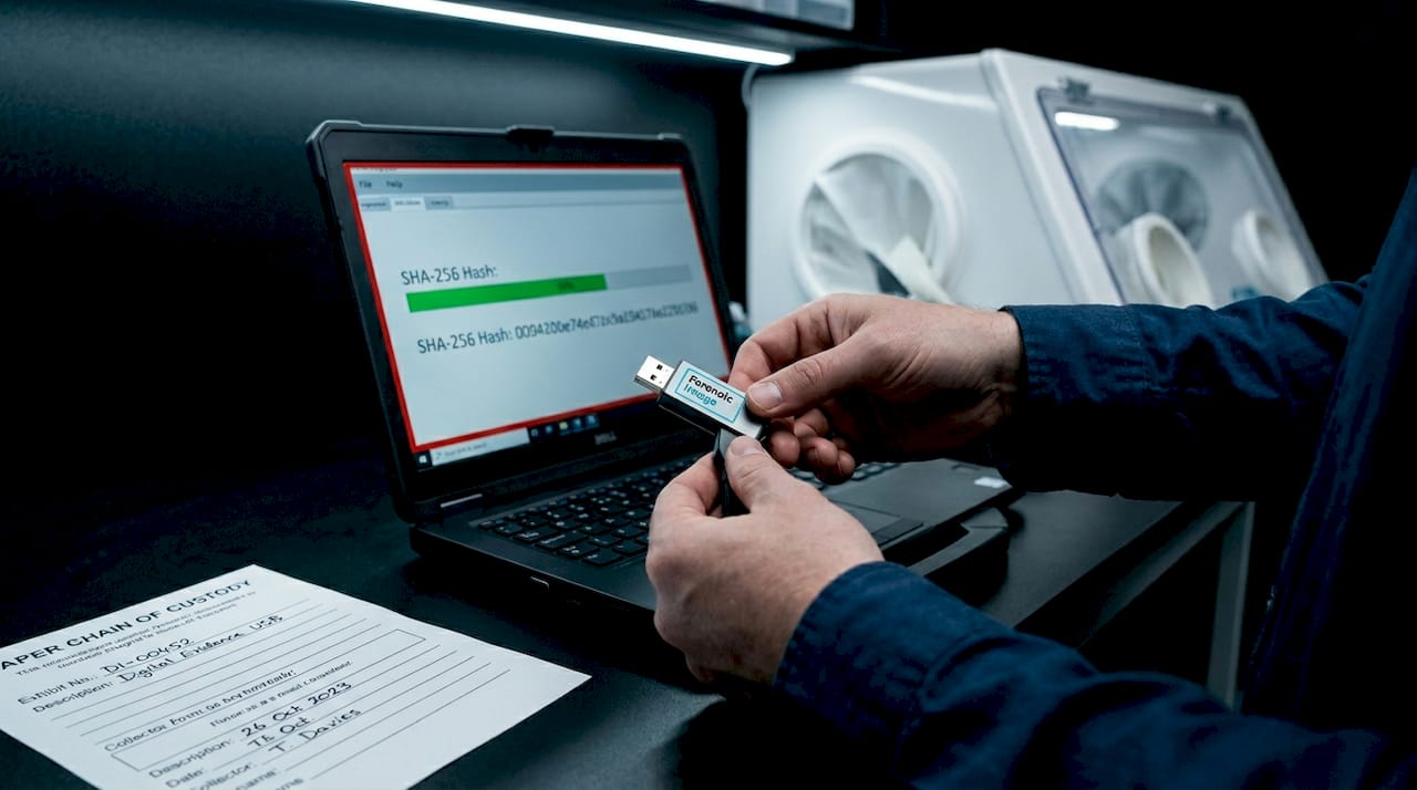 The role of hashing in digital forensics explained 1 Hands holding forensic USB device with hash calculation on laptop