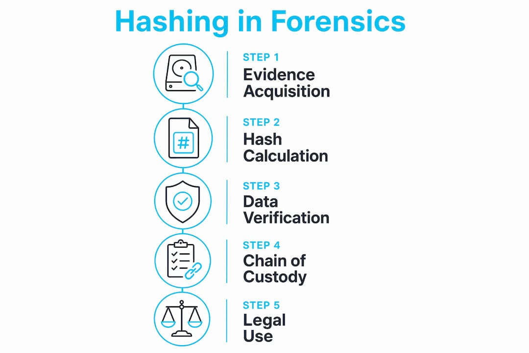 The role of hashing in digital forensics explained 2 Infographic showing forensic hashing process steps