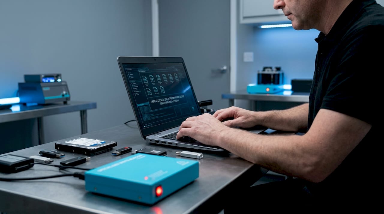 The role of encryption in forensics: a practical guide 1 Investigator handling encrypted laptop in office