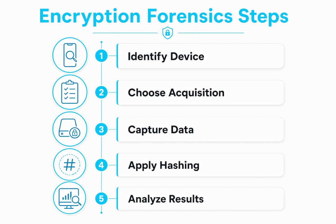 The role of encryption in forensics: a practical guide 2 Infographic detailing forensic steps for encryption cases