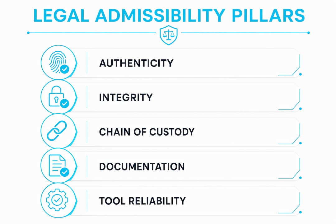 Digital witness reports explained for legal professionals 1 Infographic illustrating legal admissibility pillars
