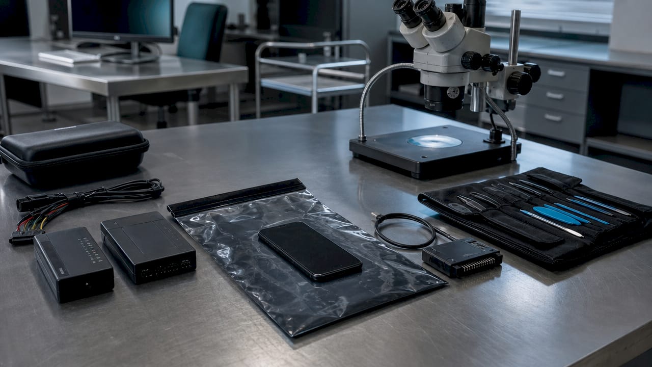 Mobile forensic investigations: a 2026 practitioner's guide 1 Close-up of mobile forensic tools on lab bench