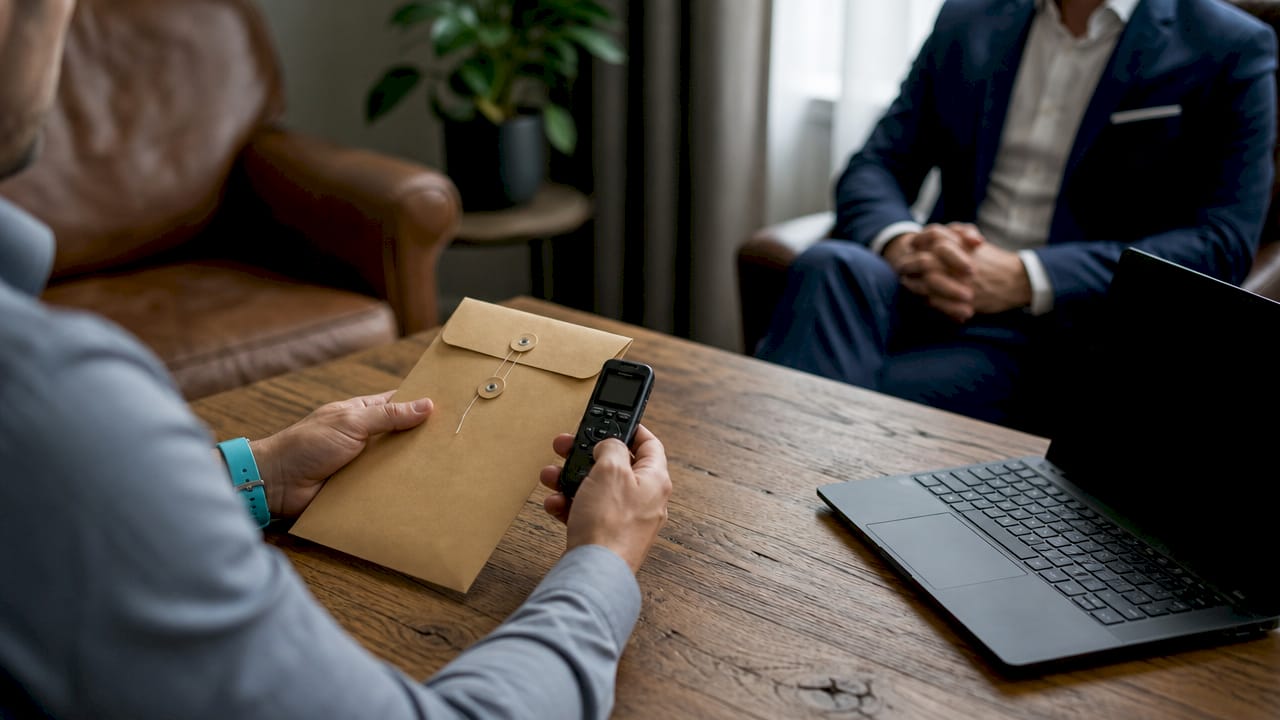 Employee misconduct digital investigation guide 2026 2 Hands handling evidence envelope and voice recorder