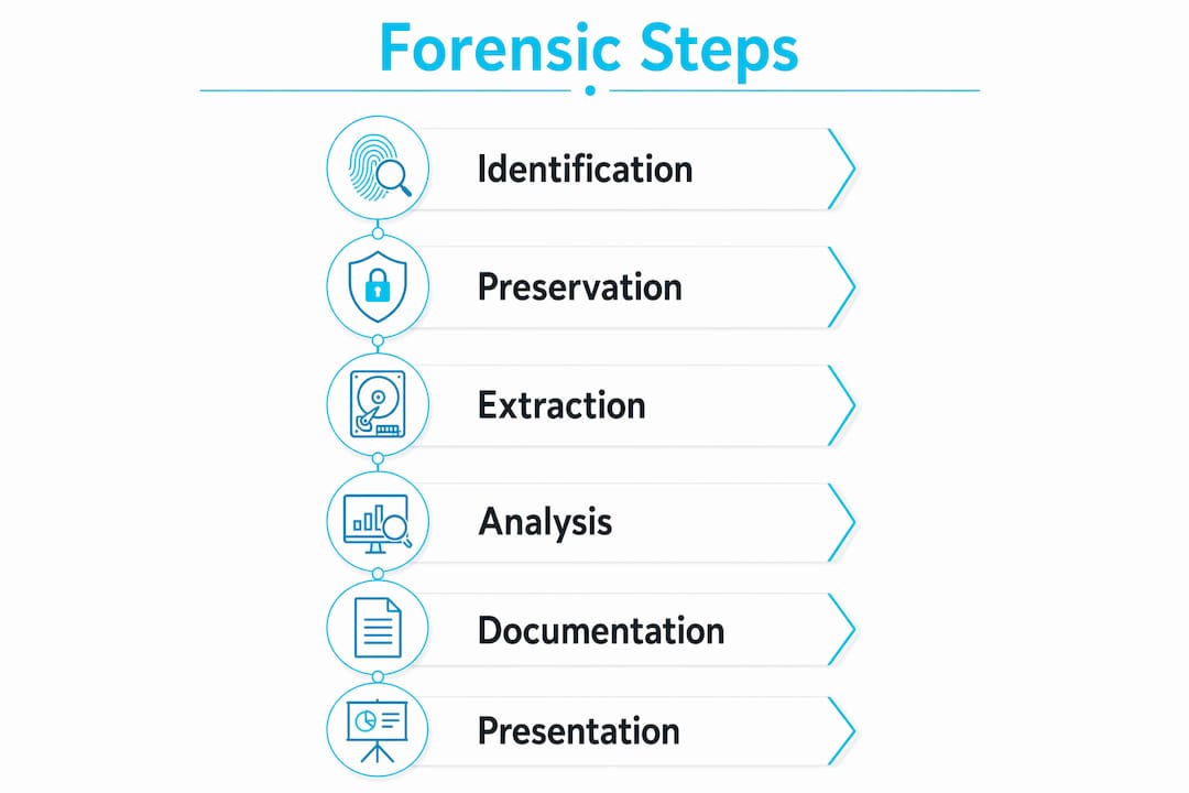 Steps of digital forensics: a 2026 practitioner's guide 1 Infographic showing digital forensics key steps in sequence