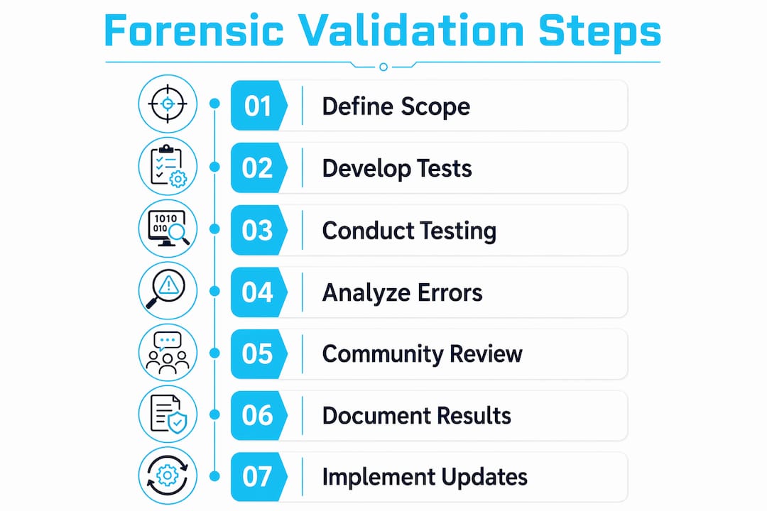 What is forensic validation? A guide for legal professionals 2 Infographic illustrating forensic validation process steps from start to finish
