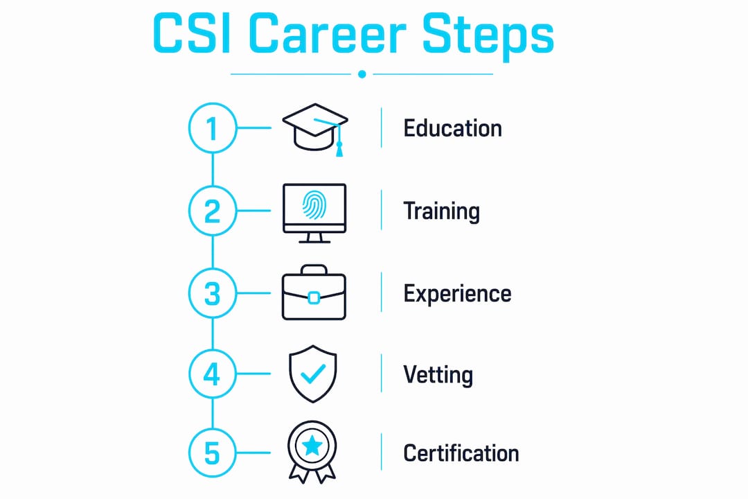 Steps to becoming a crime scene investigator: 2026 guide 1 Infographic showing steps to become a crime scene investigator