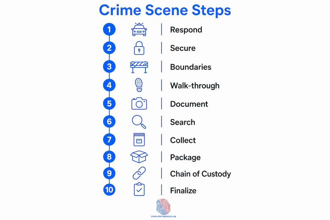 Steps to a crime scene investigation: the full guide 2 Infographic illustrating 10 steps of crime scene investigation