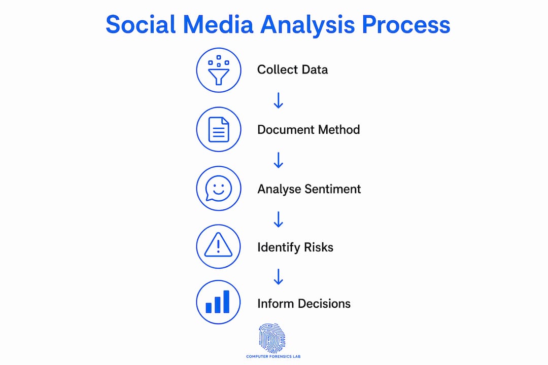 Why analyse social media: legal and business guide 1 Infographic illustrating social media analysis steps
