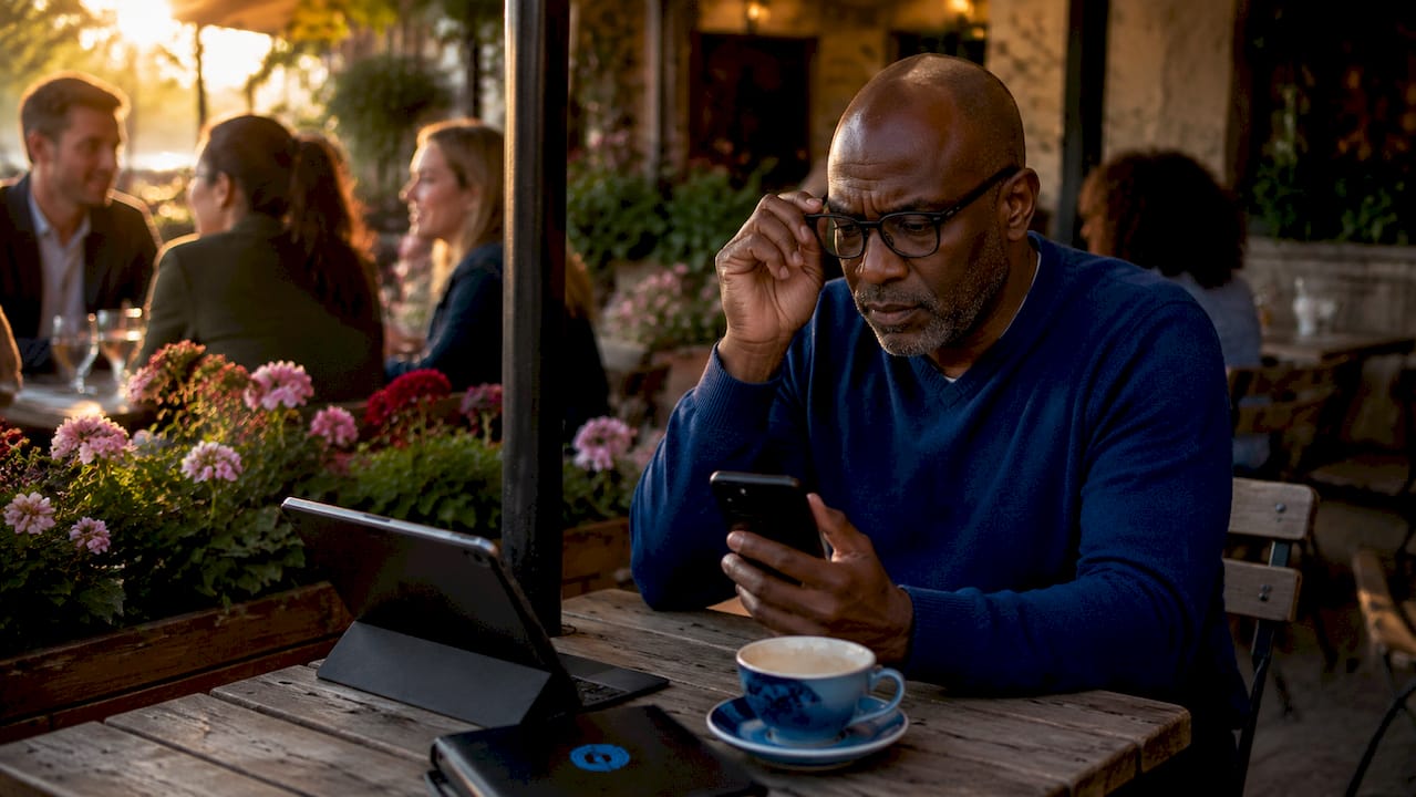 Cyber crime short stories: the best fiction to read now 1 Man checking smartphone in café concerned about identity theft