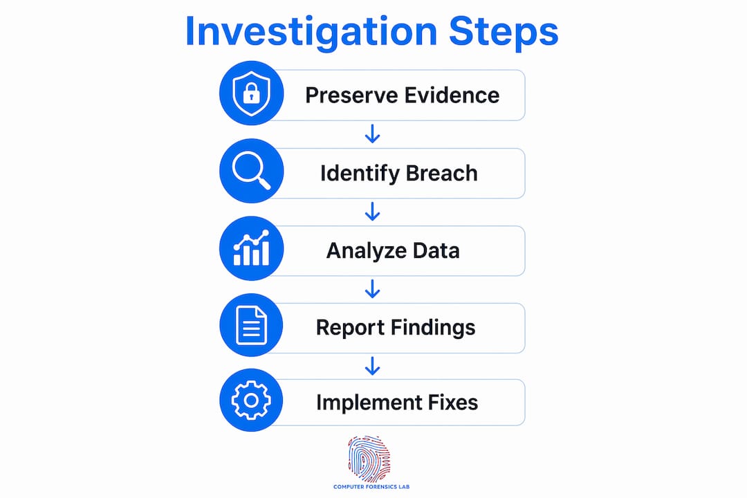 What is data breach investigation: a 2026 guide 2 Infographic illustrating key data breach investigation steps