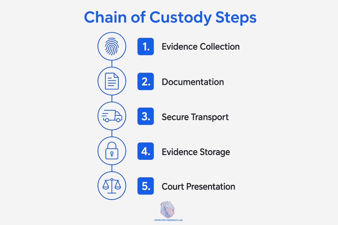 Best practices for evidence handling: a specialist guide 1 Infographic illustrating chain of custody steps