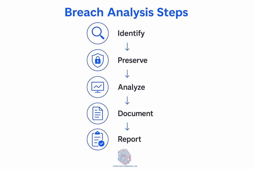 What is data breach analysis? A guide for 2026 2 Infographic illustrating key steps of breach analysis