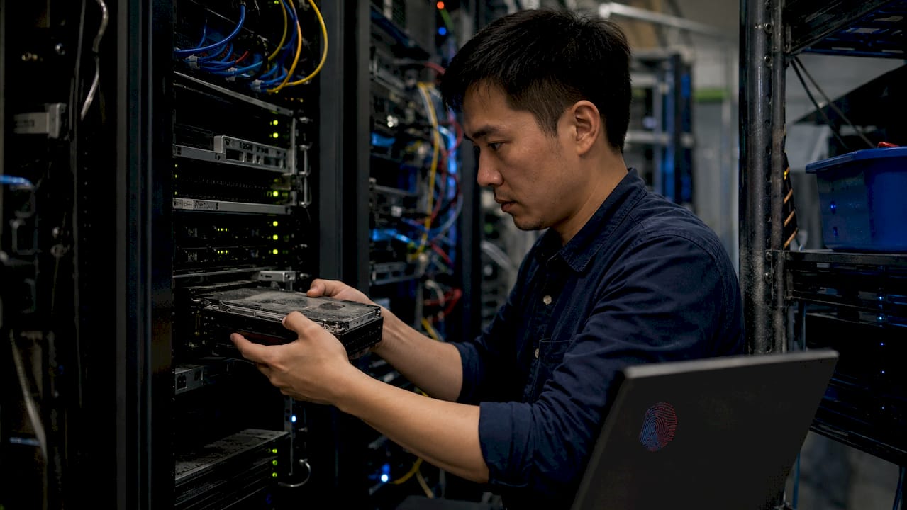 What is data preservation? A guide for 2026 1 Technician replacing hard drive in server room