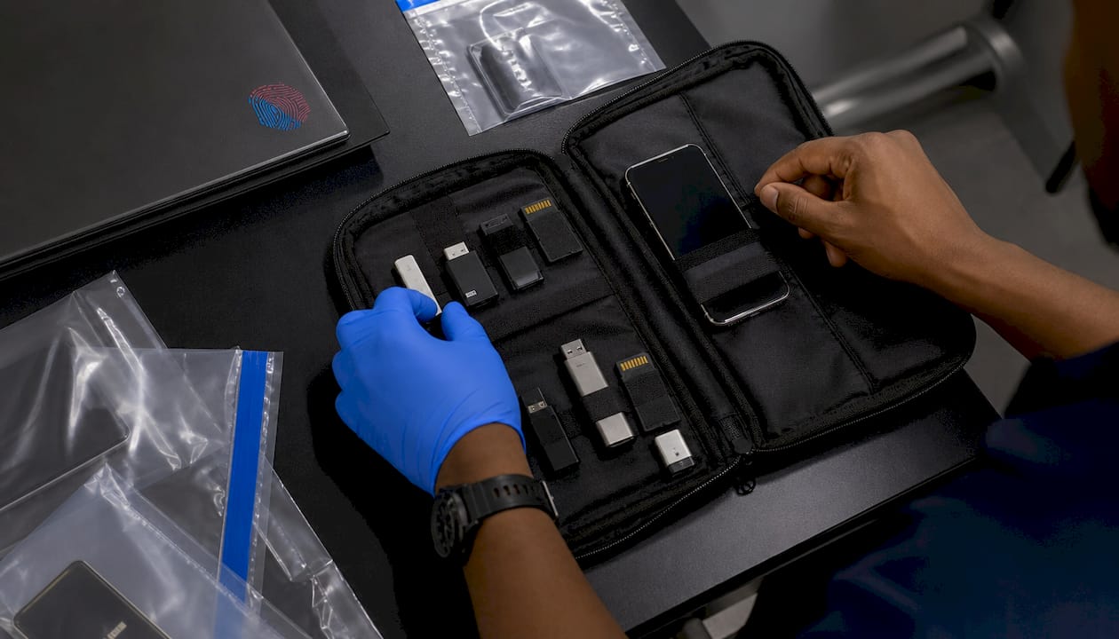 What is forensic triage: a guide for legal professionals 2 Close-up of hands sorting forensic triage devices