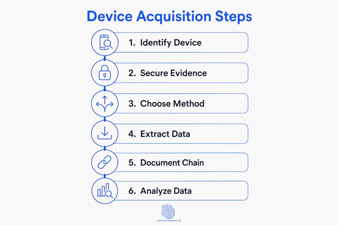 What is device acquisition in digital forensics? 2 Infographic showing device acquisition process steps
