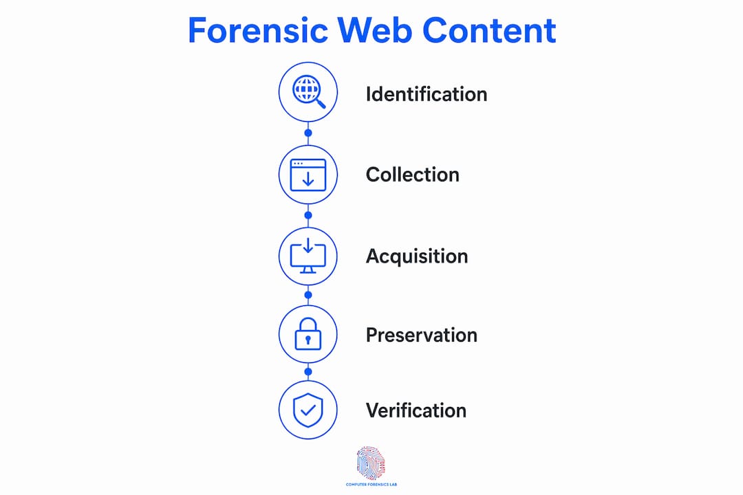 Website content forensics: a guide for legal professionals 2 Infographic illustrating forensic website content process steps