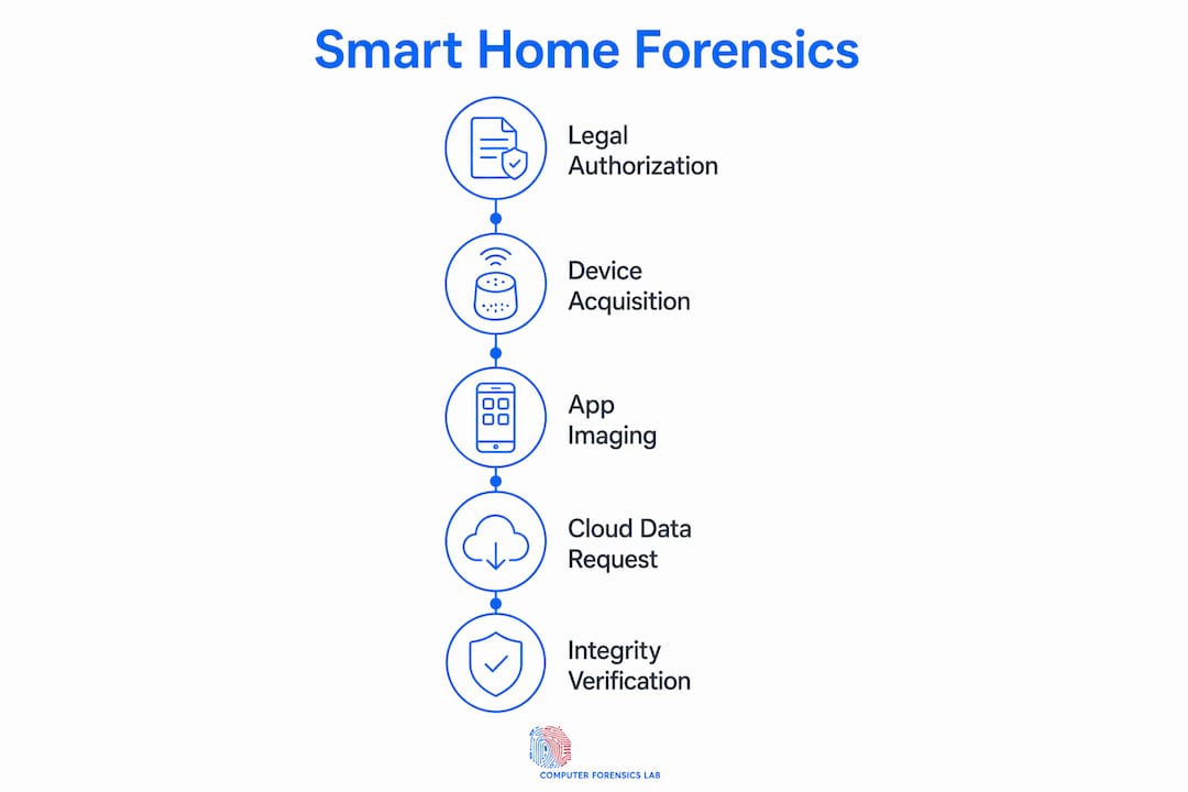 Smart home device forensics: a guide for legal professionals 2 Infographic showing steps in smart home forensic evidence process