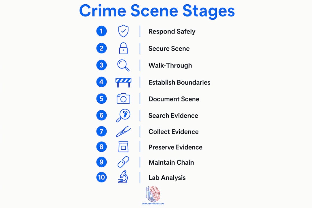 Stages of crime scene investigation: the 10-step process 2 Infographic illustrating 10-step crime scene investigation process