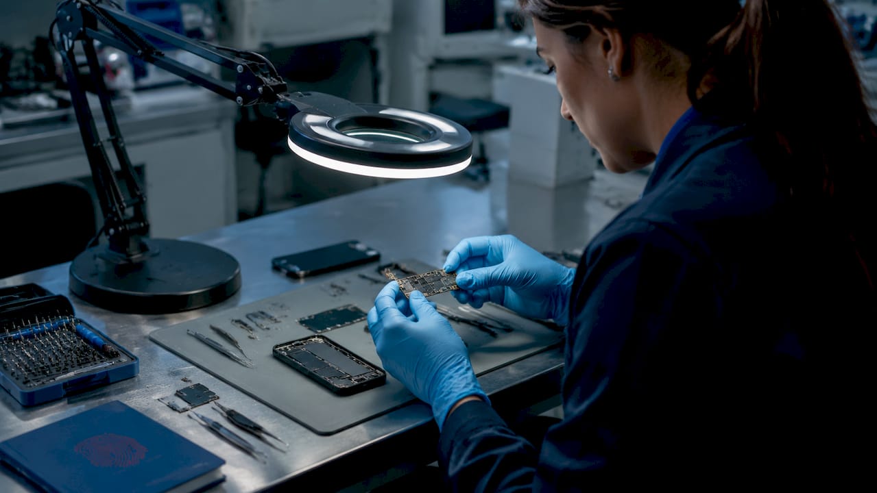 Phone data specialists: a guide for legal professionals 1 Gloved hands handling smartphone circuit board in lab