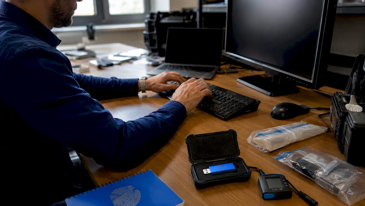 Why use secure labs for digital forensic investigations 1 Hands typing on forensic workstation with security hardware
