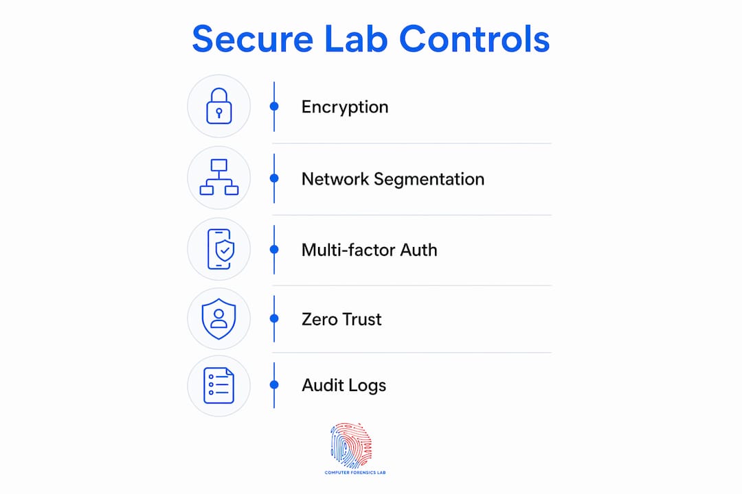 Why use secure labs for digital forensic investigations 2 Infographic depicting secure lab layered security controls and benefits
