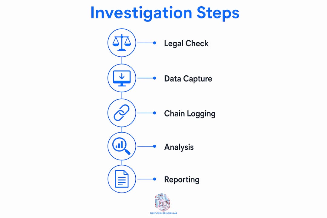 Online investigations: a practical guide for 2026 2 Infographic illustrating online investigation steps