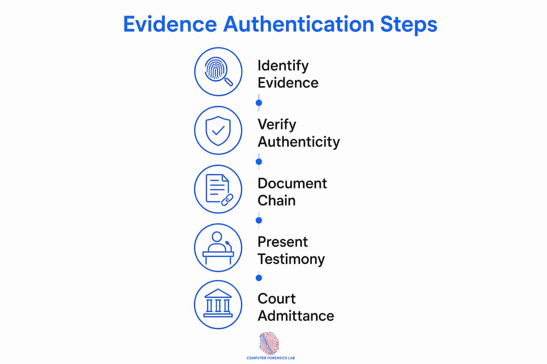 What is evidence authentication: a UK legal guide 2 Infographic of evidence authentication steps in UK law