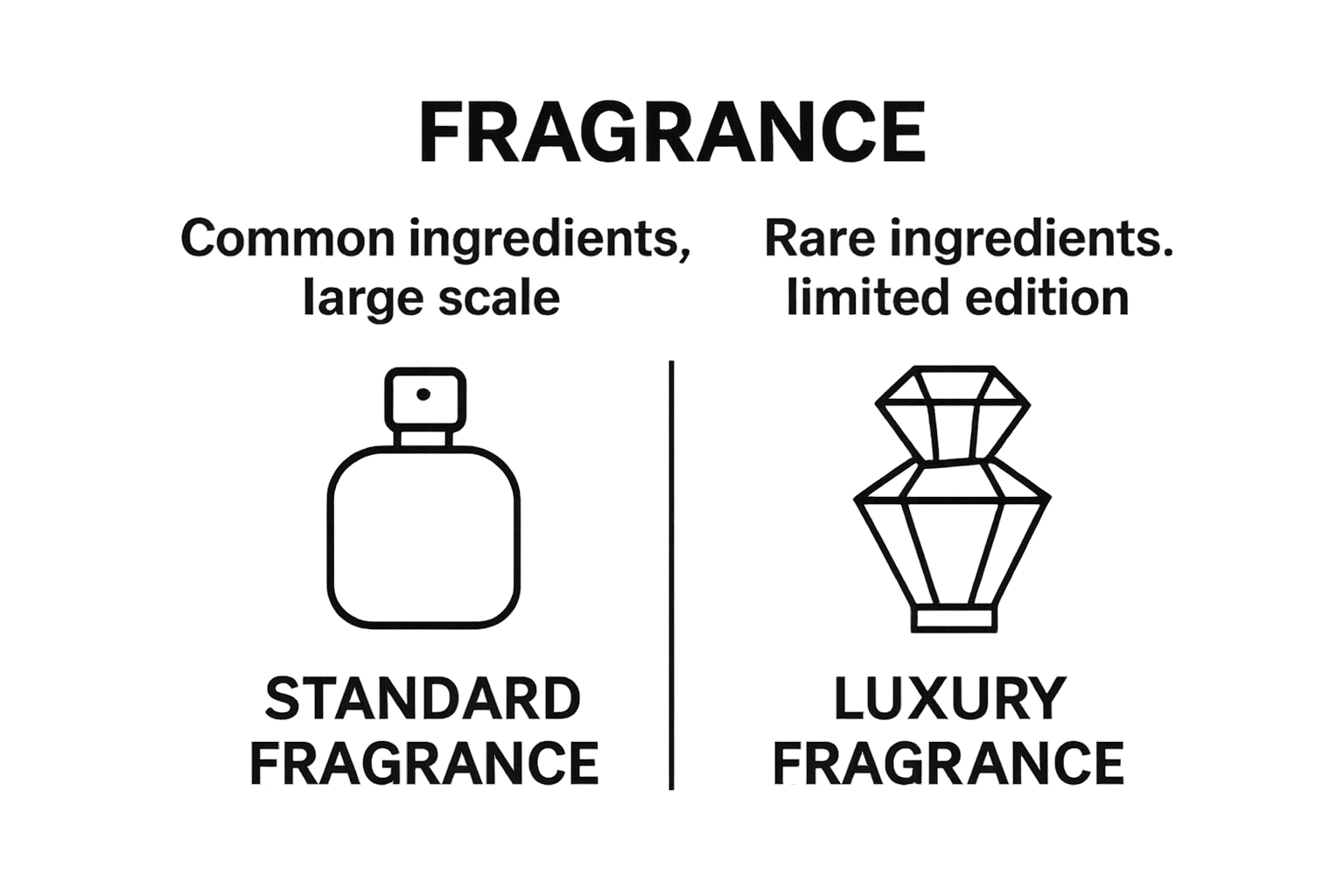 Comparison of standard and luxury fragrance bottles showing key differences