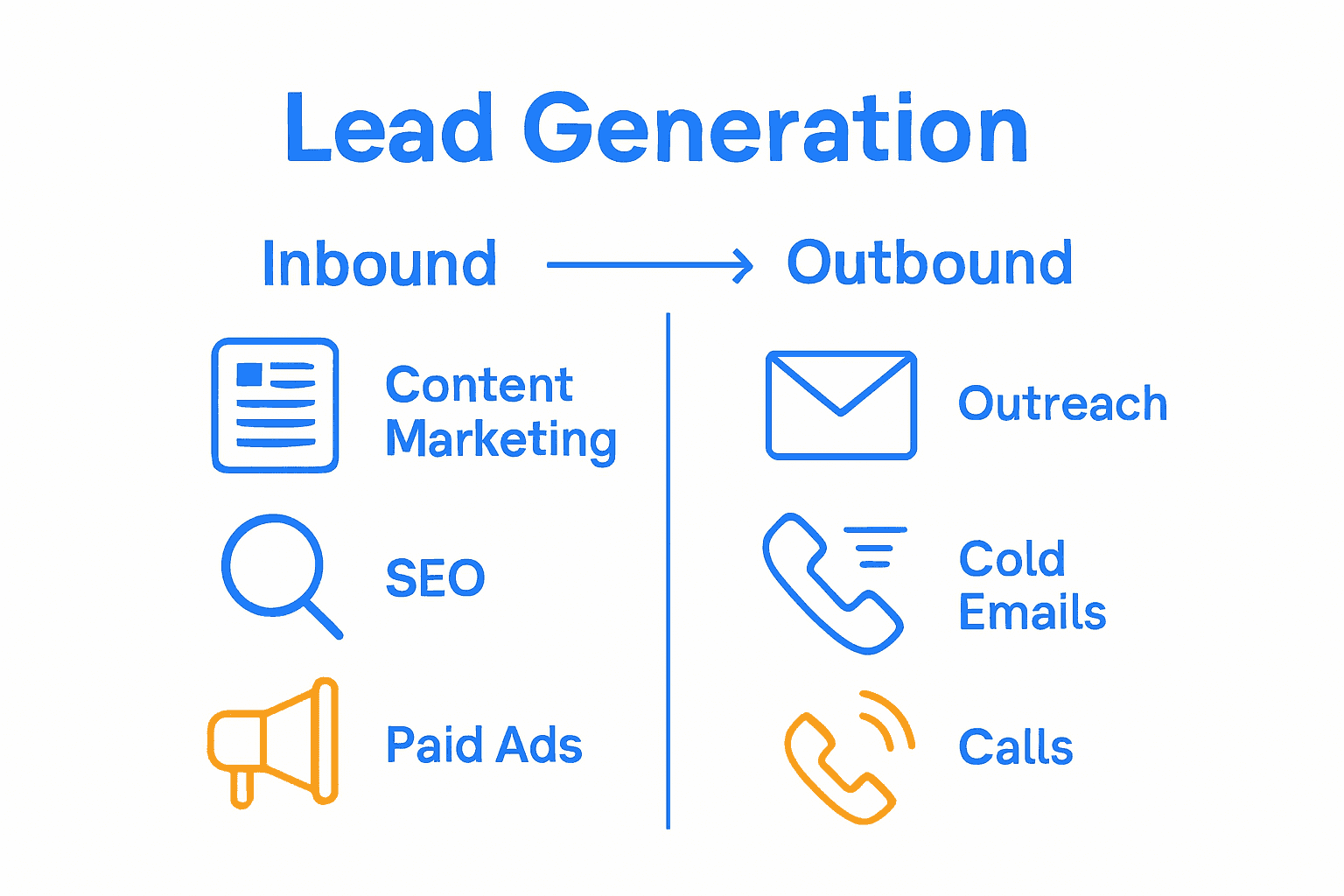 Infographic comparing inbound and outbound lead strategies with icons and key benefits.