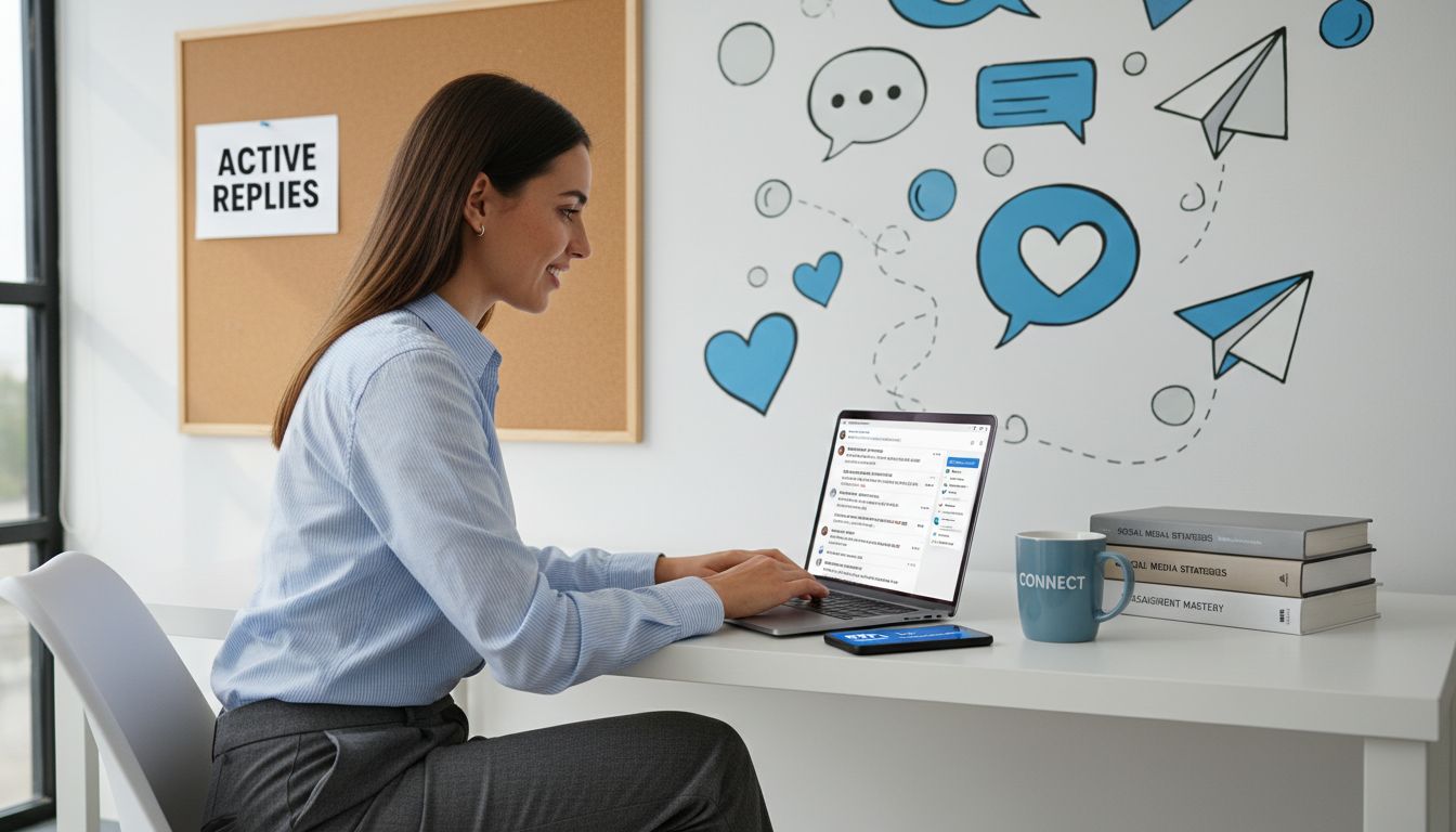 Marketer replying to Instagram comments in office