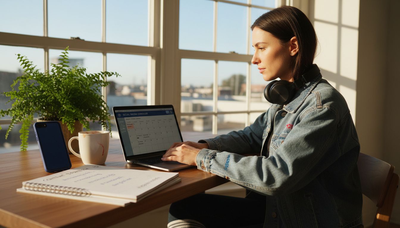 Instagram creator using laptop by sunny window
