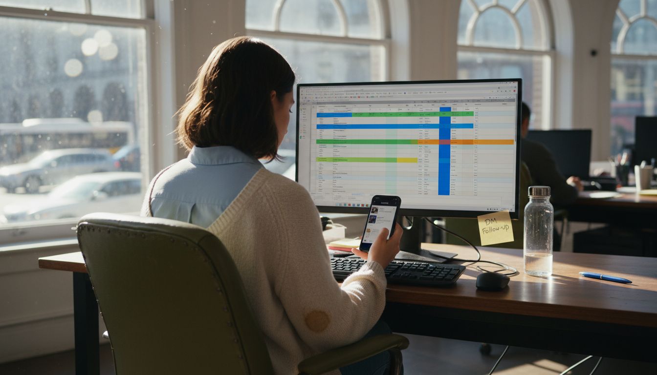 Social media manager using Instagram leads at office