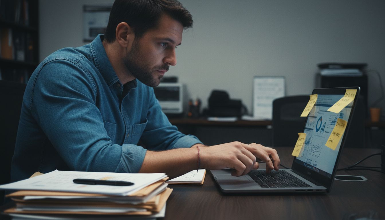 Analyst studies AI behavioral data on laptop