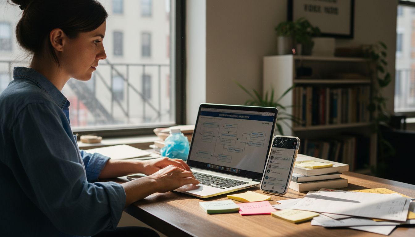 Woman manages Instagram automation at desk